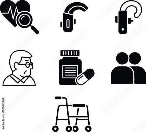 Collection of black glyph icons depicting elder care, health monitoring, medical assistance, and accessibility.