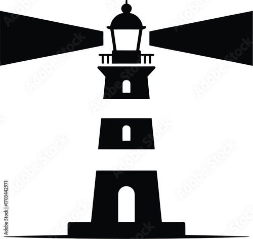 Black lighthouse emitting light beams beacon tower