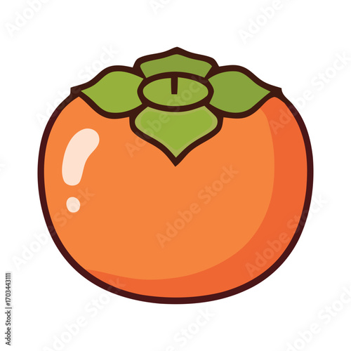 Simple cartoon illustration of a ripe orange persimmon fruit with a green calyx isolated on a white background