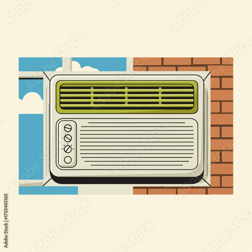 Window air conditioner installed in wall with visible brick pattern and window frame. Window air conditioner unit is attached to the wall, offering cooling during hot weather,