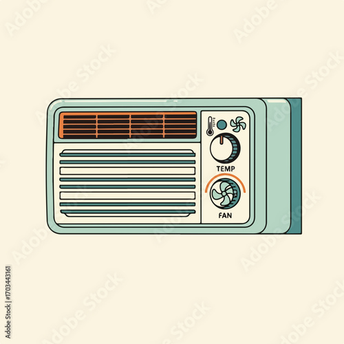 Air conditioner unit set against beige background. Portable air conditioner with temperature controls and fan speed dial, featuring a vintage design and simple colors.