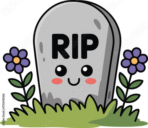 Cartoon Tombstone with Flowers Vector Illustration for Halloween Decoration and Design