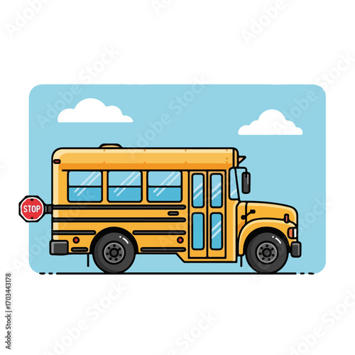 Cartoon school bus on road with stop sign for kids' safety. School bus illustration shows transportation for children to school, conveying safe and reliable commute.