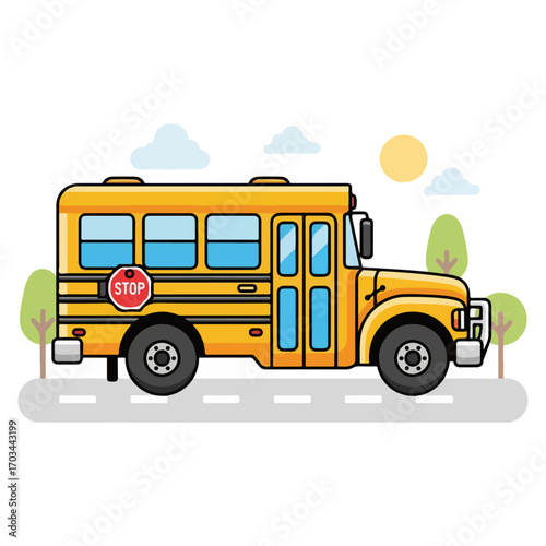 Classic school bus driving on road under bright sun and clouds. Yellow school bus with stop sign on its side is ready to transport children to classes.