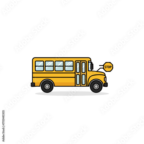 Yellow school bus on white background, vector illustration. School bus isolated, side view of vehicle used for student transportation, including stop sign.