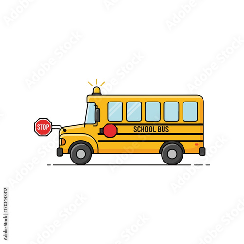 Yellow school bus with stop sign isolated on white background. School bus for student transportation, commuting children to school, stop sign is visible.
