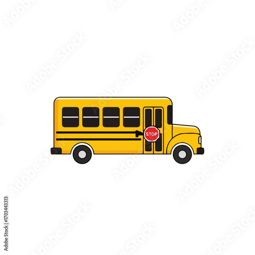Isolated yellow school bus illustration on white, showing transportation, student commutes, and educational travel. School bus features stop sign, side view, and iconic shape familiar to children.
