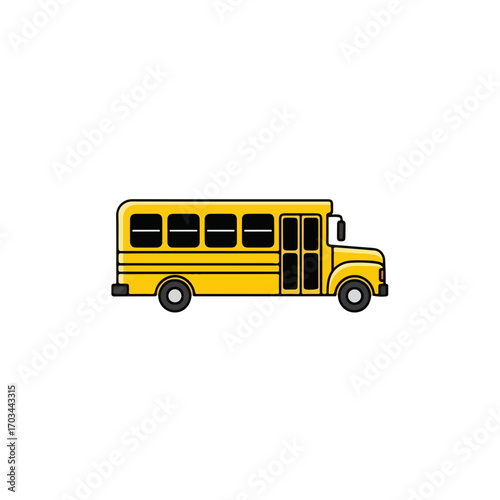 Yellow school bus illustration on white background, simple and clear. School bus drawing shows transportation and design elements. School bus image perfect for back to school campaign.