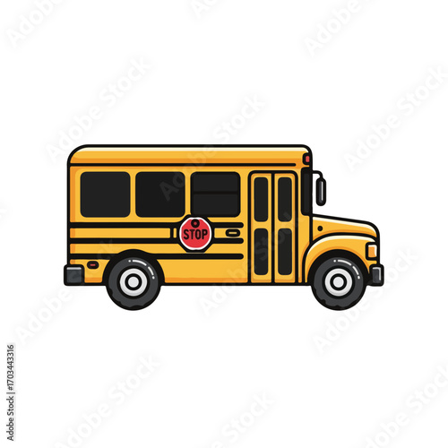 Yellow school bus with stop sign for children's transportation. School bus cartoon image features a passenger vehicle ideal for students traveling to school.