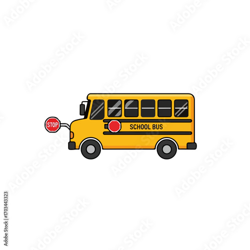 Simple school bus illustration on white background for educational materials. School bus clip art includes stop sign and side view. Cartoon school bus drawing for back to school design.