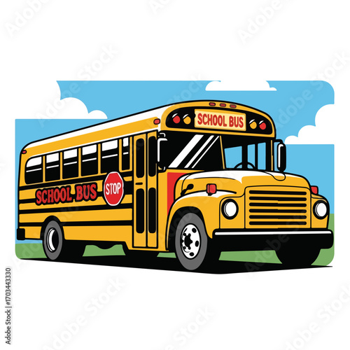 Yellow school bus with black outline on road with blue sky and clouds. School bus stops at red stop sign. Fresh school bus design for back to school advertising, announcements,