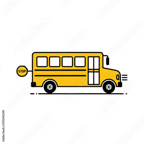 Isolated school bus on white background. School bus drawing in yellow, featuring clear details like wheels, windows and stop sign.