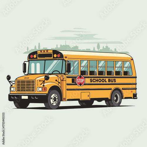 Classic school bus drives along street with city buildings in background, school bus provides transport to learning facility, with black tires.