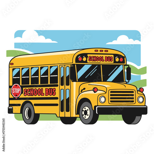 Classic school bus on route for education and learning. School bus travels through cartoon landscape under blue sky with fluffy clouds.
