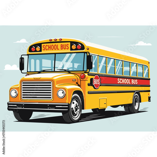 Classic school bus isolated on white background, showing yellow paint and black tires. School bus for transporting children safely, with clear signage, offers dependable transportation.