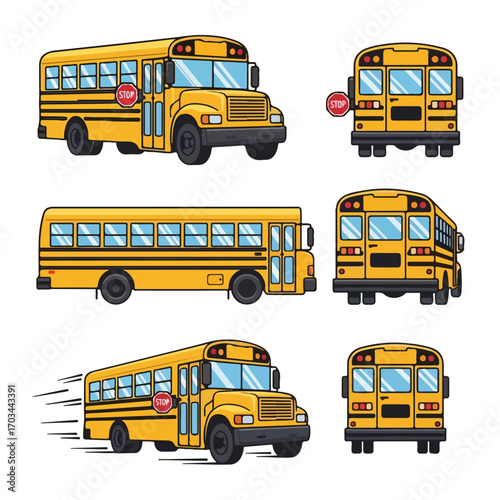 Yellow school bus in multiple views including front, side, and rear, showing vehicle from various angles. School bus transports students with safety and reliability,