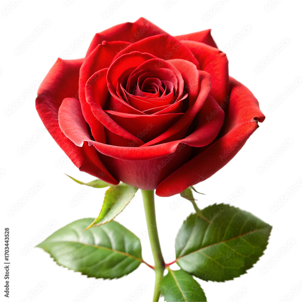 Fototapeta premium Single Vibrant Red Rose with Green Leaves and Stem Isolated on Black background flower bloom