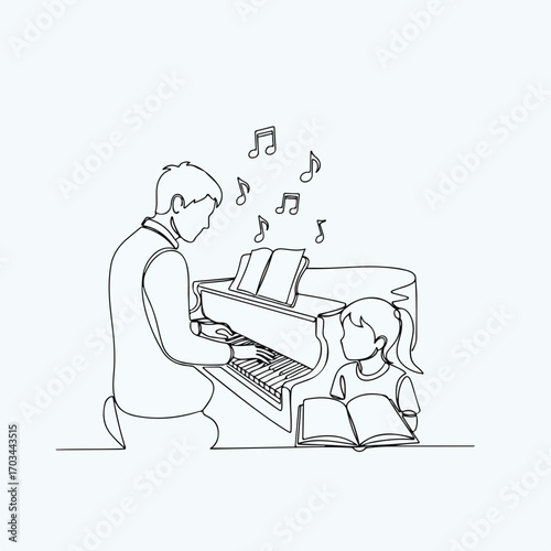 Music lesson with piano teacher and student.  Young girl learning music theory while teacher plays piano.  Elegant line art illustration perfect for back to school promotions.