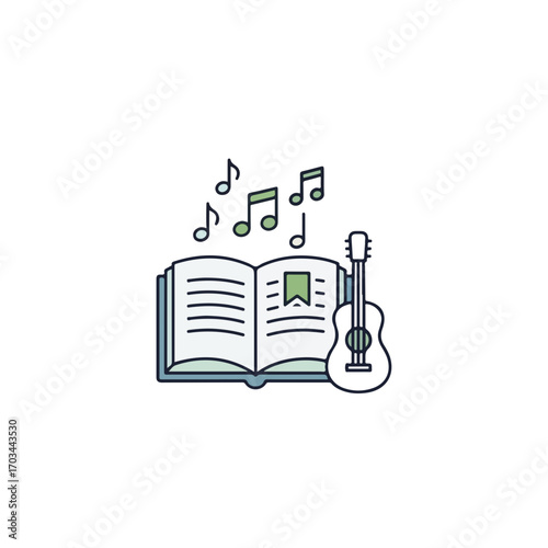 Music lesson book with guitar and musical notes.  Open book shows music theory and musical instrument.  This vibrant illustration is perfect for back to school promotions for music schools.