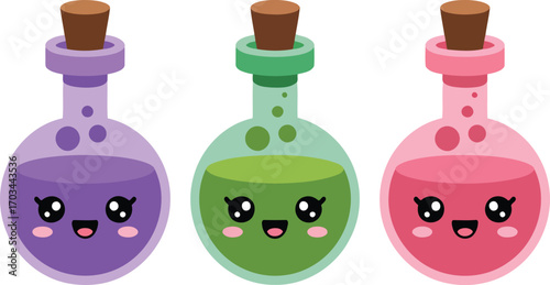 Charming Cartoon Potions with Kawaii Faces and Cork Stoppers on Transparent Background Design