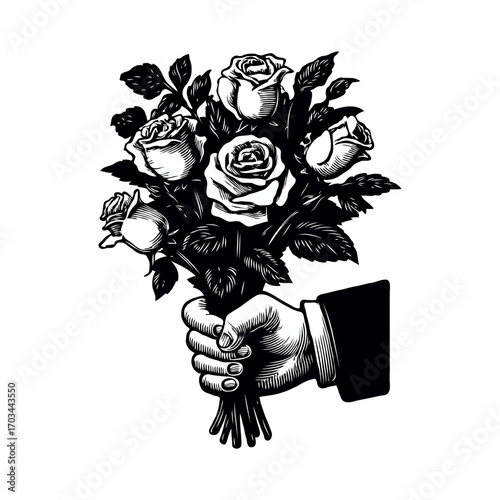 Hand holding bouquet of roses in engraving style on white background. Concept of gift, romance, celebration flower delivery