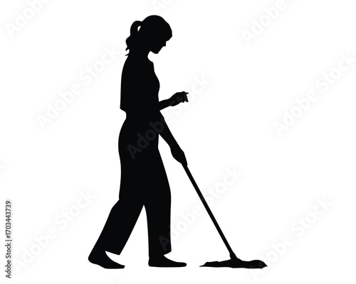 Silhouette of Woman Mopping Floor – Cleaning and Household Chore Illustration