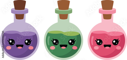 Charming Potion Bottles Illustration with Smiling Faces and Cork Stoppers on Transparent