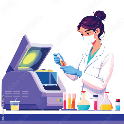 Vsai scientist placing test tube in laboratory centrifuge for plasma separation