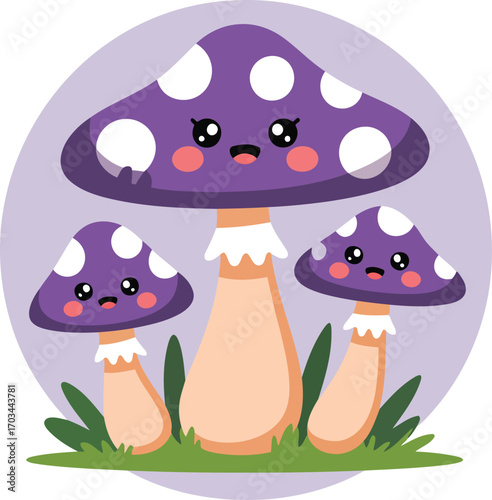 Charming Purple Mushrooms with White Spots and Cute Faces in a Lilac Circle Background