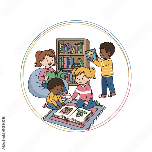 Diverse library kids reading book together in circle on carpet. Library kids enjoy exploring new worlds of knowledge, with bookshelf holding colorful collection in background.