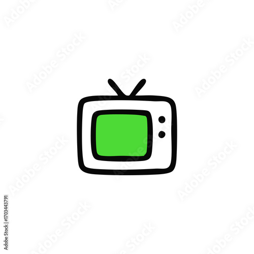 Simple black outline drawing of a vintage television with a green screen
