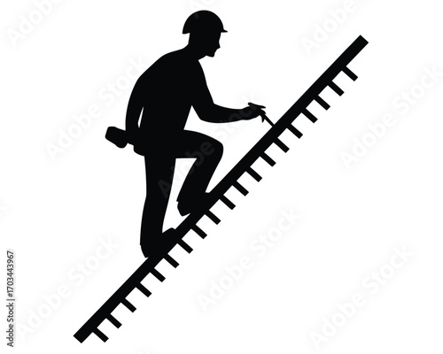 Silhouette of Construction Worker Climbing Ladder with Hammer – Safety and Labor Illustration
