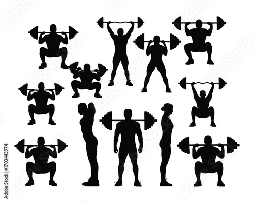 Silhouettes of Bodybuilders Lifting Weights – Fitness and Strength Training Vector