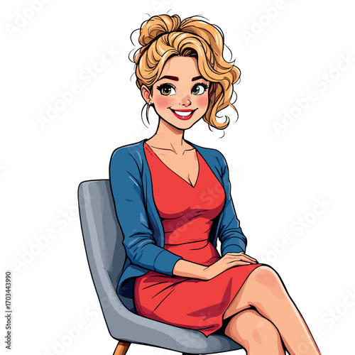 Vsai smiling businesswoman sitting on chair, pop art style illustration