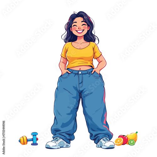 Vsai plus size woman is deciding between healthy food and sport