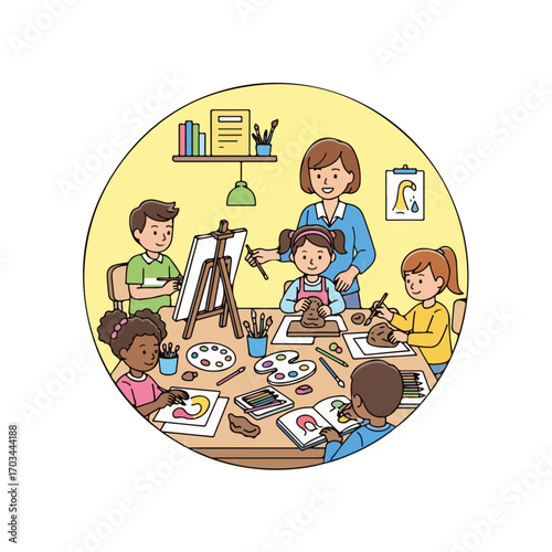 Art class school with children and teacher at the table. Art class involves painting, drawing, and working with clay, supervised by teacher. An art class school provides creative education for kids.