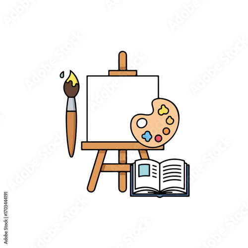 Art class school setup with blank canvas on easel, paintbrush, palette, and open sketchbook. Art class school, complete with essential tools, promotes creativity.