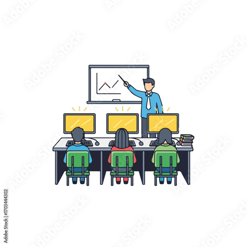 School computer class shows instructor teaching students at desktops, pointing to chart. School computer class offers knowledge, skill sharing, and academic excellence,