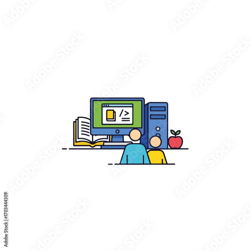 School computer class shows computer with textbook and two students. School computer class is about sharing knowledge in digital era. School computer class for back to school campaign.