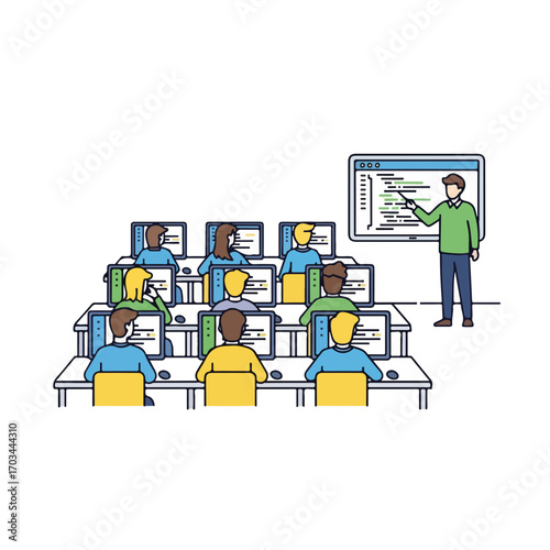 School computer class setting with students in rows watching teacher's screen with code, demonstrating school computer class lessons. Detailed layout includes people, classroom, desks with monitors,