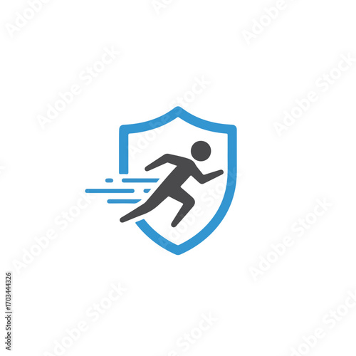 School sport logo of running silhouette inside blue shield, emblem for educational athletics. School sport icon of running man with motion lines, depicting energy and speed.