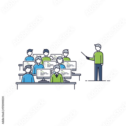 School computer class features students learning programming with instructor, illustrated with modern flat vector style. School computer class setup allows studying code in classroom setting,