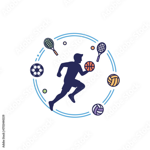 School sport represented with a male silhouette running, holding a basketball with tennis rackets and soccer ball around him.
