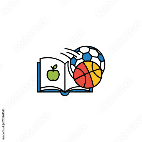 School sport with an open book, basketball and soccer ball floating above its pages makes for dynamic imagery. School sport equipment alongside learning materials, a green apple is drawn in notebook.