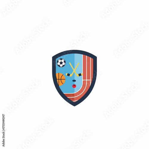 School sport logo on shield featuring symbols of athletic activities, icon for school sports. Bright shield includes sports gear like soccer ball, basketball, hockey sticks, and track lines,