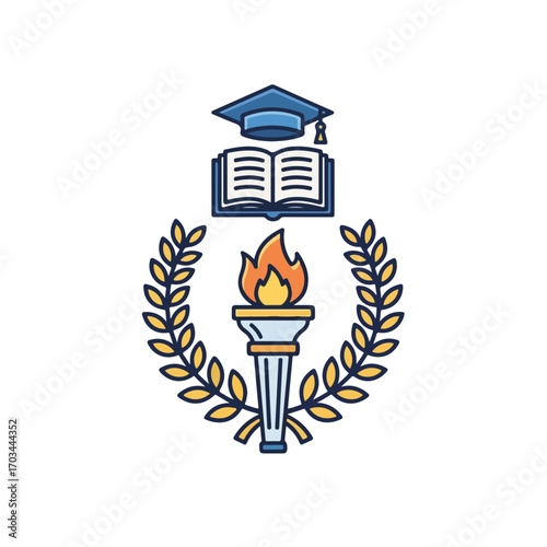 Illustration school sport logo with open book, mortarboard, torch, and wreath. School sport spirit, learning, and achievement are represented by school sport symbols.