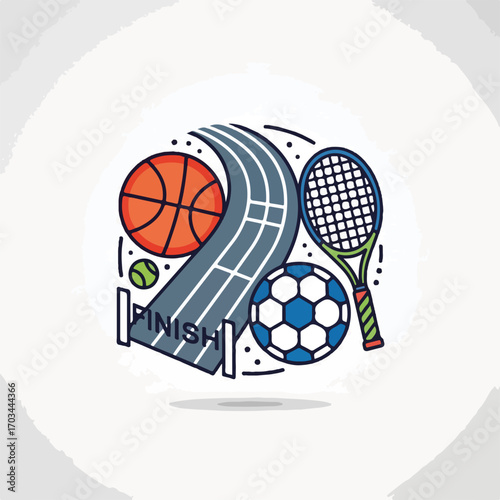 School sport equipment arranged with basketball, tennis racket, and soccer ball on isolated white background. School sport concept includes items to support physical education.