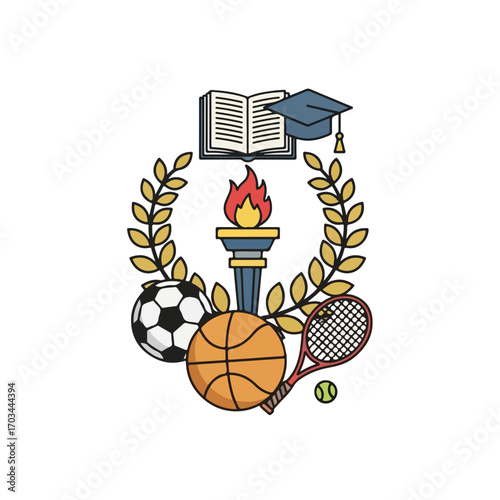 School sport icon displaying open book and graduation cap, torch with flame, laurel wreath, soccer ball, basketball and tennis racket.