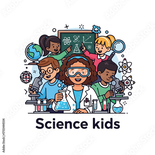 Science kids learning with microscope and flask during school time, kids study science. Science kids enjoy scientific experiments and laboratory equipment. Back to school concept for ad science class.