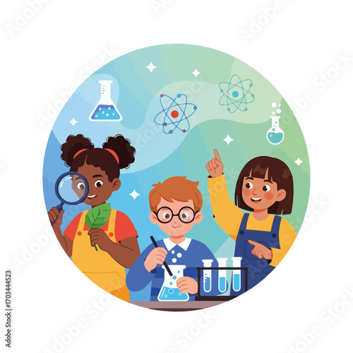 Science kids conduct experiments using flasks, test tubes, and magnifying glass in classroom. Science kids are enthusiastic and engaged in hands-on learning.